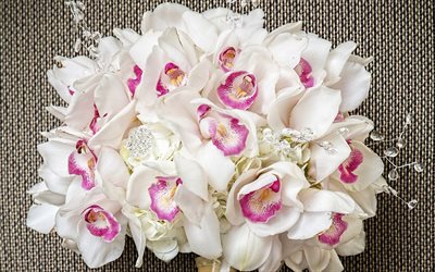 valkoinen orkideat, morsiuskimppu, kauniita valkoisia kukkia, h&#228;&#228;t kukkakimppu, orkideat