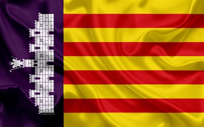 Bandeira de Maiorca, 4k, textura de seda, Cidade espanhola, vermelho amarelo azul de seda bandeira, Mallorca bandeira, Espanha, arte, Europa, Maiorca
