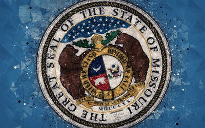 seal of missouri, 4k, emblem, geometrische kunst, missouri state seal, amerikanischer staaten, blauer hintergrund, kreative kunst, missouri, usa, staatliche symbole usa