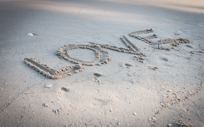 كلمة الحب في الرمال, الشاطئ, الرمال, الحب نسيج, الصيف