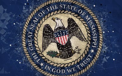Seal of Mississippi, 4k, emblem, geometric art, Mississippi State Seal, American states, blue background, creative art, Mississippi, USA, state symbols USA