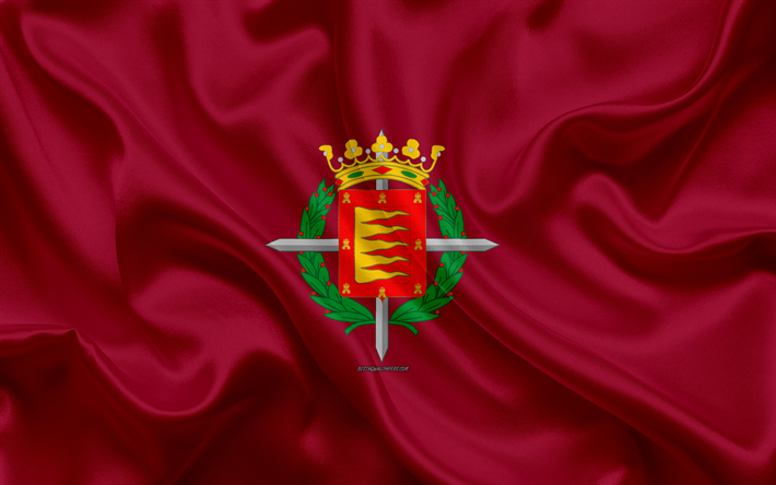 Valladolid bayrağı, 4k, ipek doku, İspanyolca şehir, bordo ipek bayrak, İspanya, sanat, Avrupa, Valladolid