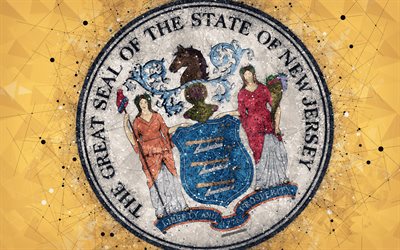 Veda&#231;&#227;o de Nova Jersey, 4k, emblema, arte geom&#233;trica, Estado De Nova Jersey Selo, Estados americanos, fundo amarelo, arte criativa, Nova Jersey, EUA, s&#237;mbolos do estado EUA
