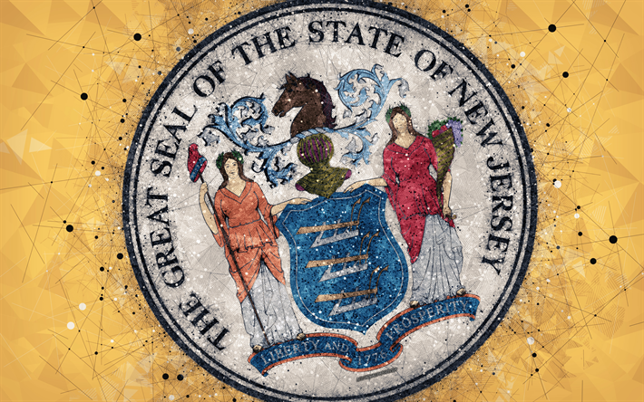 Tenuta del New Jersey, 4k, emblema, arte geometrica, New Jersey Sigillo dello Stato, stati Americani, giallo, sfondo, creativo, arte, New Jersey, USA, i simboli di stato USA