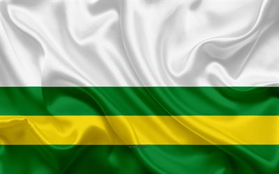 Bandiera di Sabadell, 4k, seta, texture, spagnolo, citt&#224;, bianco, verde, giallo seta bandiera, Sabadell bandiera, Spagna, arte, Europa, Sabadell