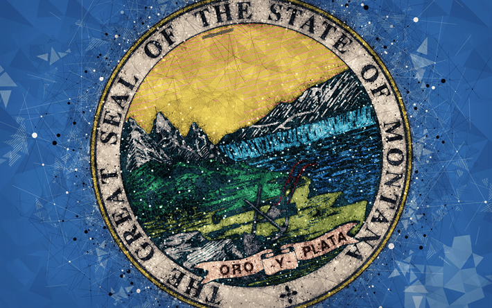 Seal of Montana, 4k, emblem, geometric art, Montana State Seal, American states, blue background, creative art, Montana, USA, state symbols USA