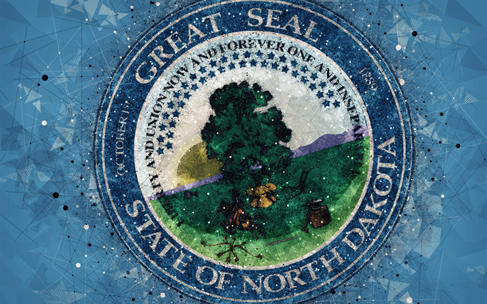 Selo de Dakota do Norte, 4k, emblema, arte geom&#233;trica, Dakota Do Norte Estado Do Selo, Estados americanos, fundo azul, arte criativa, Dakota Do Norte, EUA, s&#237;mbolos do estado EUA