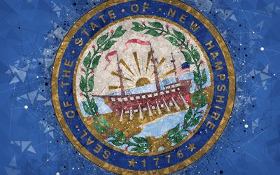 Seal of New Hampshire, 4k, emblem, geometric art, New Hampshire State Seal, American states, blue background, creative art, New Hampshire, USA, state symbols USA