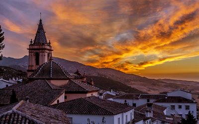 Zahara de la Sierra, kv&#228;ll, sunset, stadsbilden, Cadiz, Andalusien, Spanien