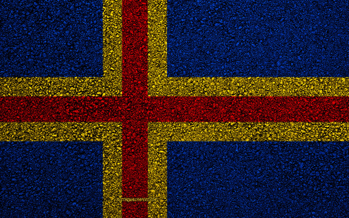 Bandeira das Ilhas Aland, a textura do asfalto, sinalizador no asfalto, Ilhas Aland bandeira, Europa, Ilhas Aland, bandeiras de pa&#237;ses europeus