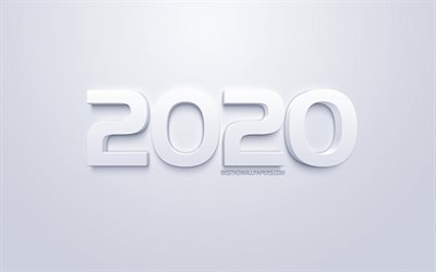 &#197;r 2020, 3d-konst, vit bakgrund, vita 3d-bokst&#228;ver, 2020 begrepp, Gott Nytt &#197;r 2020