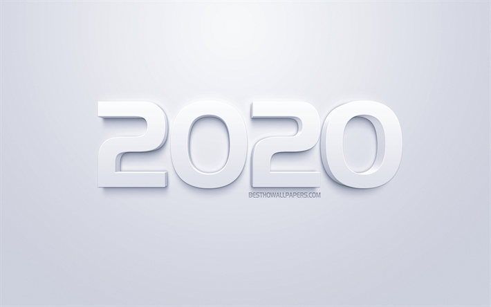 2020 A&#241;o, 3d, arte, fondo blanco, blanco 3d de letras, 2020 conceptos, Feliz Nuevo A&#241;o 2020
