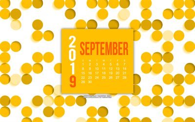 De setembro de 2019 calend&#225;rio, amarelo resumo de plano de fundo, c&#237;rculos amarelos de fundo, outono, Setembro, 2019 calend&#225;rios
