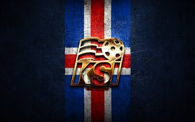 Iceland National Football Team, golden logo, Europe, UEFA, red metal background, Icelandic football team, soccer, KSI logo, football, Iceland