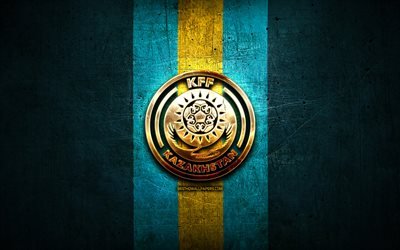 Kazakstanin Jalkapallomaajoukkue, kultainen logo, Euroopassa, UEFA, sininen metalli tausta, Kazakstanin jalkapallo joukkue, jalkapallo, KFF-logo, Kazakstan