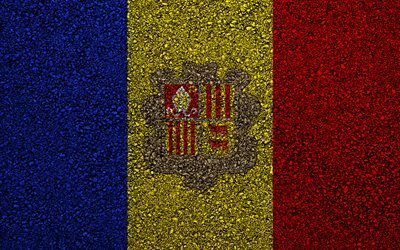 Bandeira de Andorra, a textura do asfalto, sinalizador no asfalto, Andorra bandeira, Europa, Andorra, bandeiras de pa&#237;ses europeus