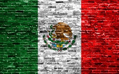 4k, Meksikon lippu, tiilet rakenne, Pohjois-Amerikassa, kansalliset symbolit, Lippu Mexico, brickwall, Meksiko 3D flag, Pohjois-Amerikan maissa, Meksiko