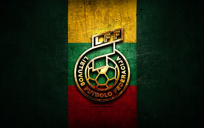 Lituania Equipo de F&#250;tbol Nacional, de oro logotipo de Europa, la UEFA, verde metal de fondo, lituano equipo de f&#250;tbol, de f&#250;tbol, LFF logotipo, f&#250;tbol, Lituania