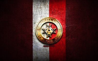 Malta National Football Team, golden logo, Europe, UEFA, red metal background, Maltese football team, soccer, MFA logo, football, Malta