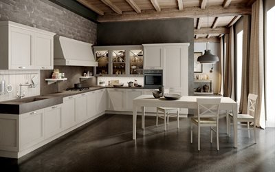 loft style kitchen, modern interior design, stylish interior, wooden ceiling, gray brick wall in the kitchen, loft style