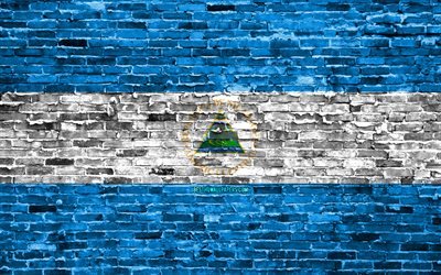 4k, Nicaraguan lippu, tiilet rakenne, Pohjois-Amerikassa, kansalliset symbolit, brickwall, Nicaragua 3D flag, Pohjois-Amerikan maissa, Nicaragua