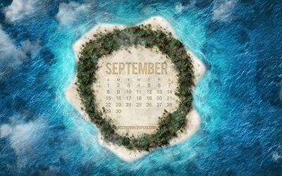 2019 settembre Calendario, isola tropicale, arte creativa, oceano, settembre 2019 calendario, le lettere nella sabbia, settembre