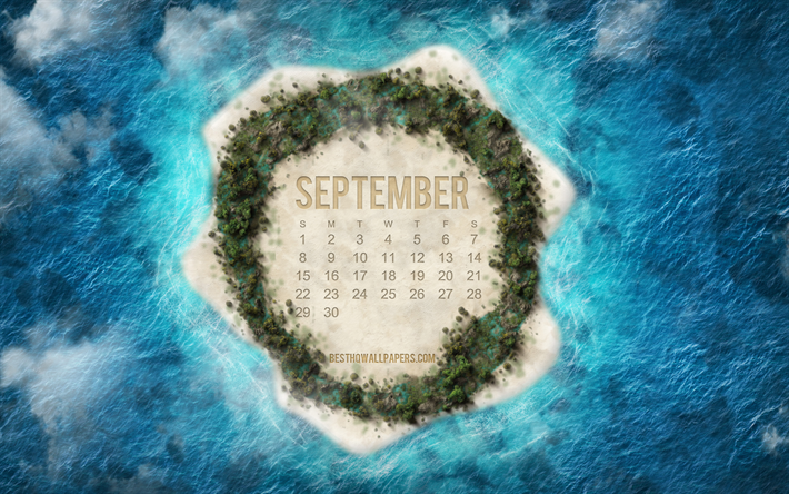2019 September Kalender, tropiska &#246;n, kreativ konst, ocean, September 2019 kalender, bokst&#228;ver i sanden, September
