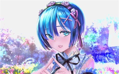 Rem, flowers, Re Zero, protagonist, manga, Re Zero characters, girl with blue hair