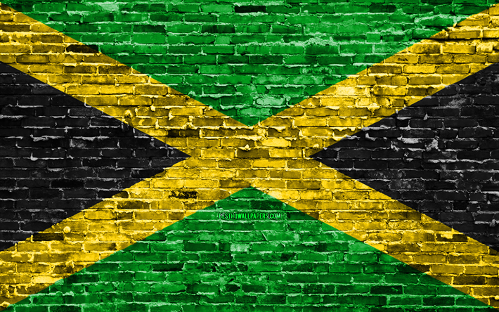 4k, ジャマイカのフラグ, レンガの質感, 北米, 国立記号, 旗のジャマイカ, brickwall, ジャマイカの3Dフラグ, 北アメリカ諸国, ジャマイカ