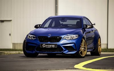 2019, BMW M2, G-Power, F87, exteri&#246;r, bl&#229; sport coupe, gyllene hjul, new blue M2, Tyska bilar, G2M Bi-Turbo, BMW