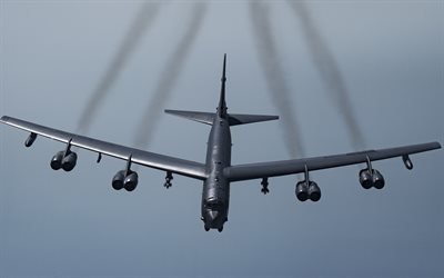 Boeing B-52 Stratofortress, American strategic bomber, military aircraft in the sky, B-52, US Air Force, American military aircraft