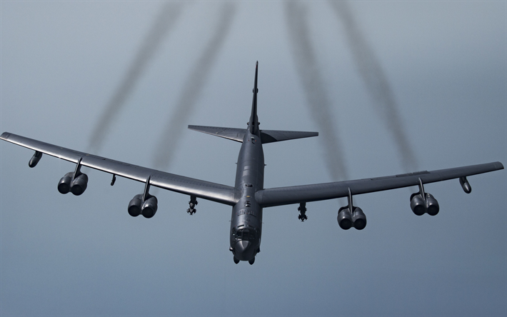 Boeing B-52 Stratofortress, American strategic bomber, military aircraft in the sky, B-52, US Air Force, American military aircraft
