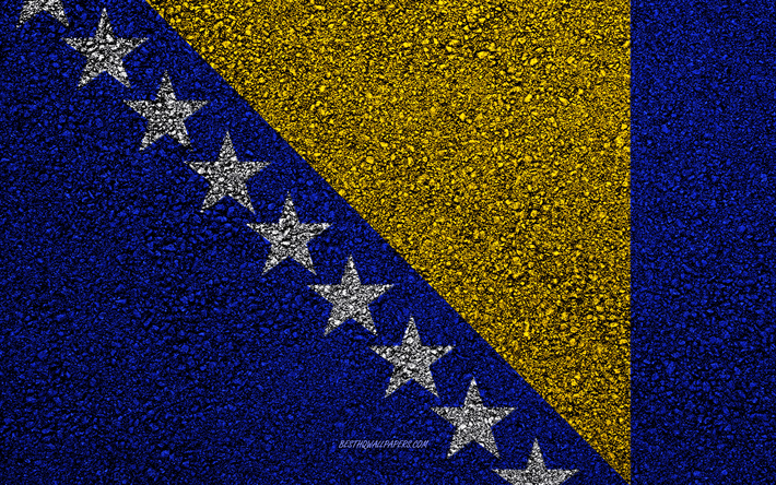 flagge von bosnien und herzegowina, asphalt textur, die flagge auf asphalt, bosnien und herzegowina flagge, europa, bosnien und herzegowina, flaggen der europ&#228;ischen l&#228;nder