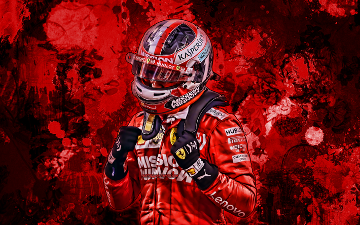 Charles Leclerc, 2019, vermelho pingos de tinta, Scuderia Ferrari, F&#243;rmula 1, Leclerc Ferrari, F1 2019, F1, grunge arte, os pilotos de corrida monegasca, Ferrari
