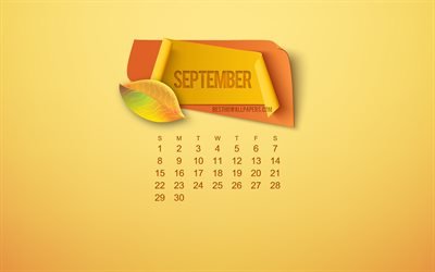 2019 syyskuu kalenteri, syksy k&#228;sitteit&#228;, syksyn lehdet, keltainen tausta, 2019 kalenterit, Syyskuuta 2019, creative art