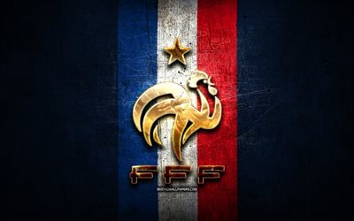 Ranskan Jalkapallomaajoukkue, kultainen logo, Euroopassa, UEFA, sininen metalli tausta, Ranskan jalkapallojoukkue, jalkapallo, FFF-logo, Ranska, FFF