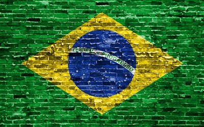 4k, bandiera del brasile, mattoni texture, Sud America, simboli nazionali, Bandiera del Brasile, brickwall, Brasile 3D bandiera, paesi del Sud america, Brasile