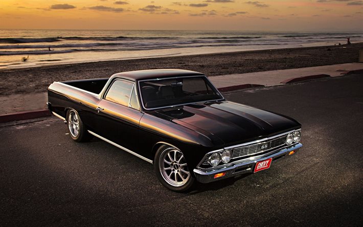 Chevrolet El Camino, tuning, 1966 cars, retro cars, 1966 Chevrolet El Camino, black pickup, american cars, Chevrolet