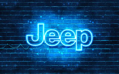 Jeep blue logo, 4k, blue brickwall, Jeep logo, cars brands, Jeep neon logo, Jeep