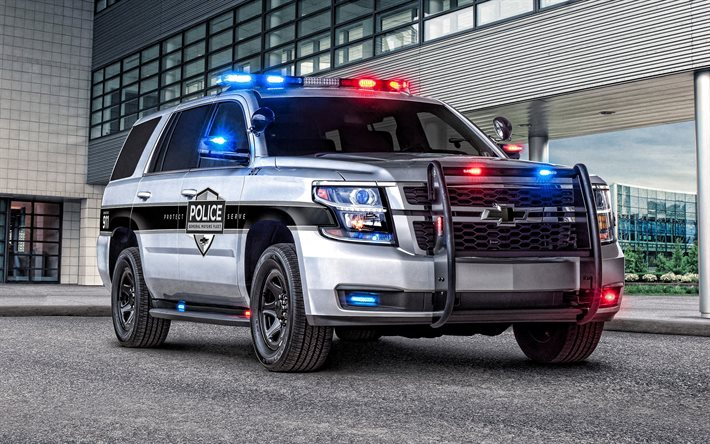 Chevrolet Tahoe, en 2020, &#224; l&#39;ext&#233;rieur, vue de face, Tahoe police, suv, voiture de police am&#233;ricaine, Chevrolet