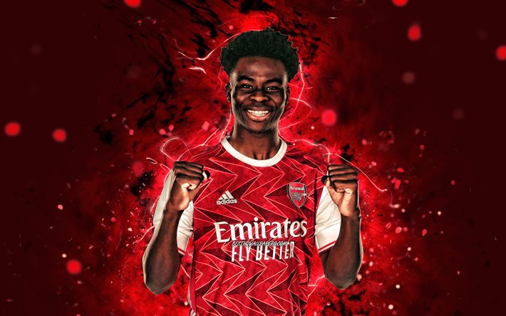Bukayo Saka, 4k, 2020, inglese calciatori, Arsenal FC, luci al neon, calcio, Premier League, I Gunners, Bukayo Saka Arsenal