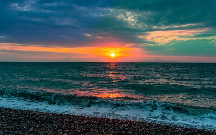 seaside, sunset, kivi&#228;, illalla, aallot, kivi&#228; rannikolla, meri