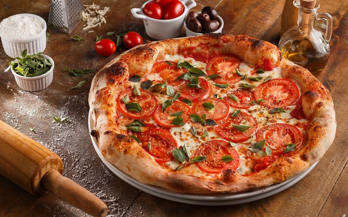 Pizza med tomater, god mat, pizza, typer av pizza, Italiensk pizza