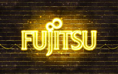 Fujitsu yellow logo, 4k, yellow brickwall, Fujitsu logo, brands, Fujitsu neon logo, Fujitsu