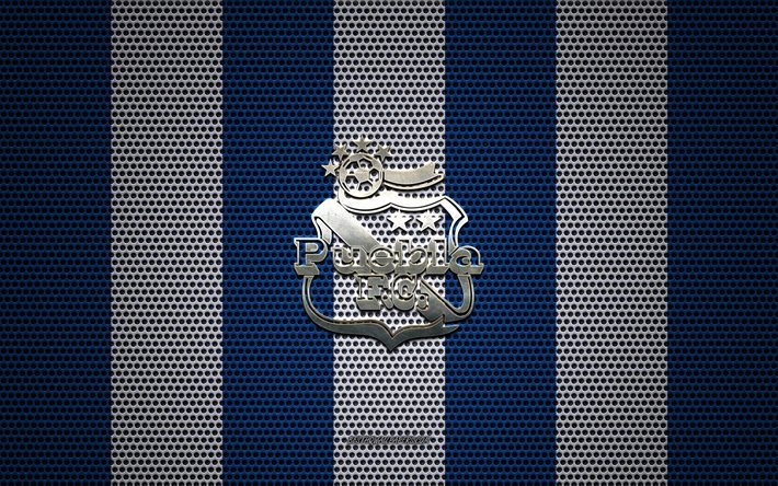 Puebla FC logotipo, Mexicana de f&#250;tbol del club, emblema de metal, azul y blanco de malla de metal de fondo, Puebla FC, de la Liga MX, Puebla de Zaragoza, Hidalgo, M&#233;xico, f&#250;tbol, Club Puebla