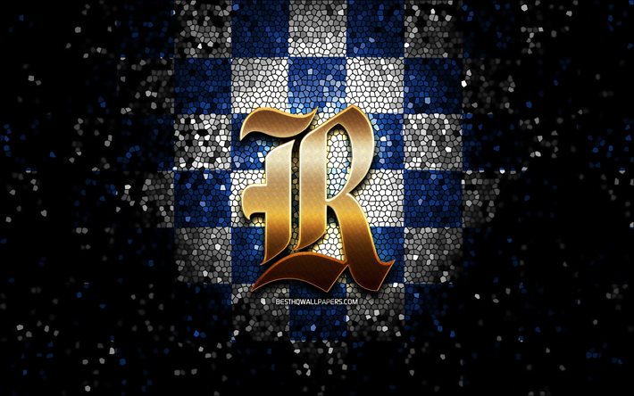Arroz Corujas, glitter logotipo, NCAA, azul, branca, fundo quadriculado, EUA, time de futebol americano, Arroz Corujas logotipo, arte em mosaico, futebol americano, Am&#233;rica