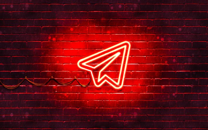 Telegrama logo vermelho, 4k, vermelho brickwall, Telegrama de logotipo, redes sociais, Telegrama de n&#233;on logotipo, Telegrama
