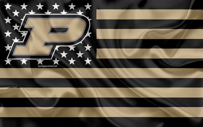 Purdue Boilermakers, American football team, creative American flag, gold black flag, NCAA, West Lafayette, Indiana, USA, Purdue Boilermakers logo, emblem, silk flag, American football