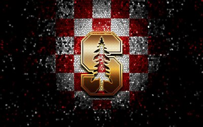 Stanford Cardinal, glitter logo, NCAA, red white checkered background, USA, american football team, Stanford Cardinal logo, mosaic art, american football, America