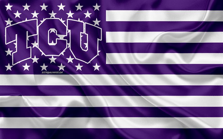 TCU Kurbağalar, Amerikan futbol takımı, yaratıcı Amerikan bayrağı, mor ve beyaz bayrak Boynuzlu, NCAA, Fort Worth, Texas, ABD, TCU Kurbağalar logo, amblem, ipek bayrak, Amerikan Futbolu Boynuzlu